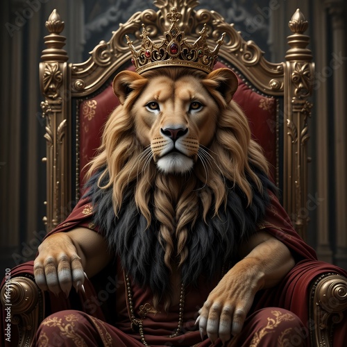 Majestic Lion King: Regal Throne, Golden Crown, Dark Atmosphere photo