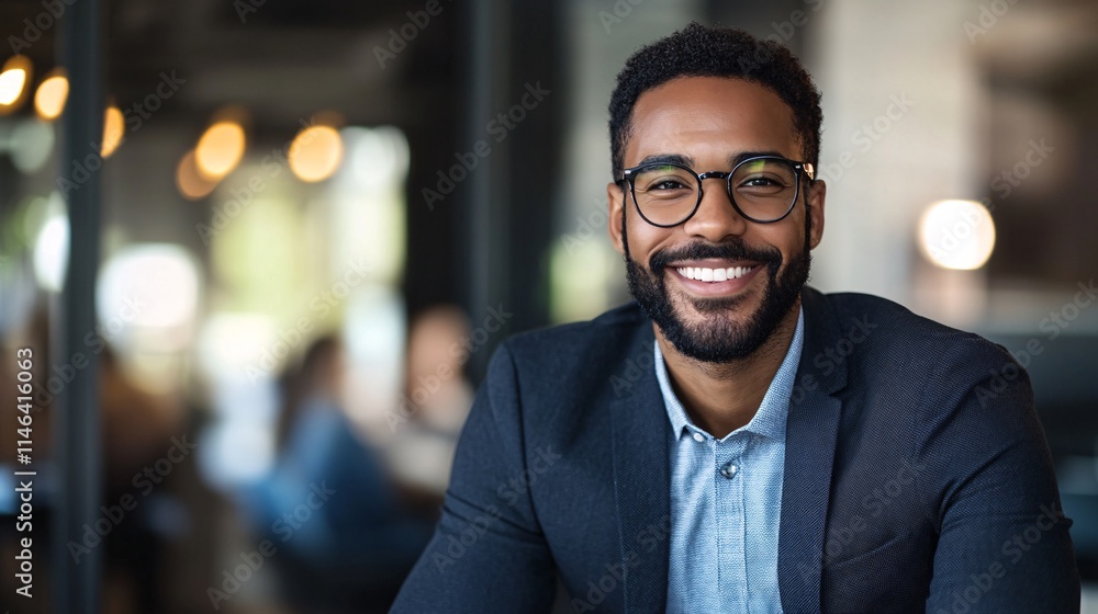 Smiling businessman wearing glasses in modern office setting Smiling businessman wearing glasses in modern office setting
