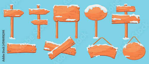 Vector cartoon wooden sign boards set covered with snow. Wood road banners, hanging boards and direction arrow with snow caps. Snowy information boards, blank guideposts, direction pointers.