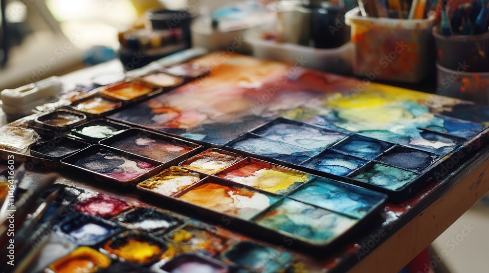 The artists board is covered in watercolor stains, each splash of color telling its own story. The artists board is covered in watercolor stains, each splash of color telling its own story.