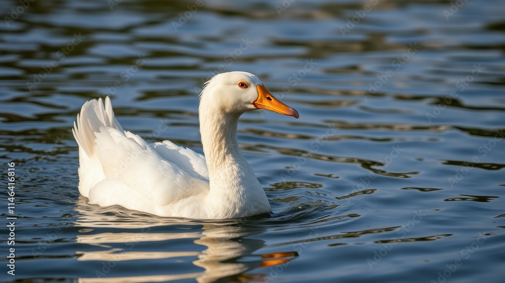 White duck swimming peacefully on a calm lake during the early morning hours White duck swimming peacefully on a calm lake during the early morning hours