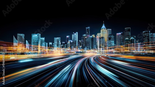 A vibrant city skyline at night, illuminated by colorful lights and dynamic motion, showcasing urban energy and modern architecture.
