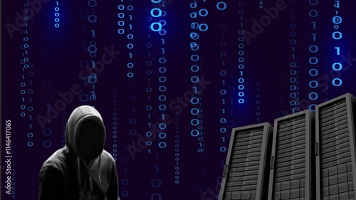 Silhouette noire décalée sur la gauche du cybercriminel s'attaquant à des serveurs sur fond de données binaires bleues photo