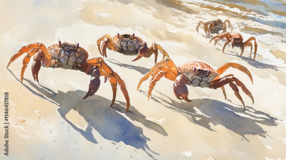 A watercolor depiction of crabs scuttling along a sandy beach. A watercolor depiction of crabs scuttling along a sandy beach.