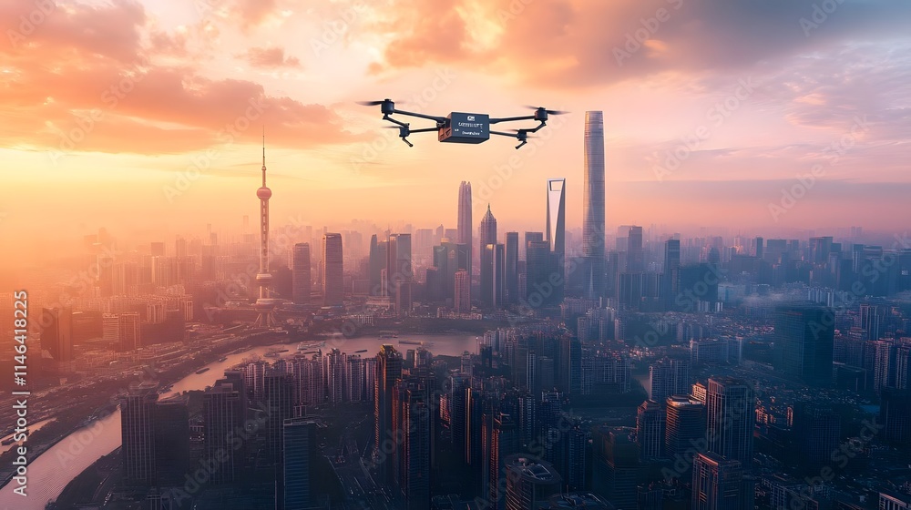 A drone captures a stunning sunset view over a modern city skyline. A drone captures a stunning sunset view over a modern city skyline.
