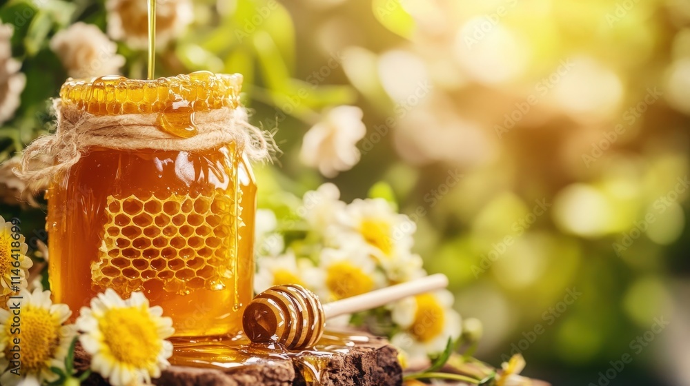 Golden honey pouring into a jar with honeycomb, surrounded by flowers in a garden. Golden honey pouring into a jar with honeycomb, surrounded by flowers in a garden.