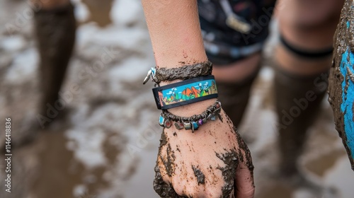 A close-up of a Glastonbury Festival wristband on a personal wrist, surrounded by mud and festival essentials photo