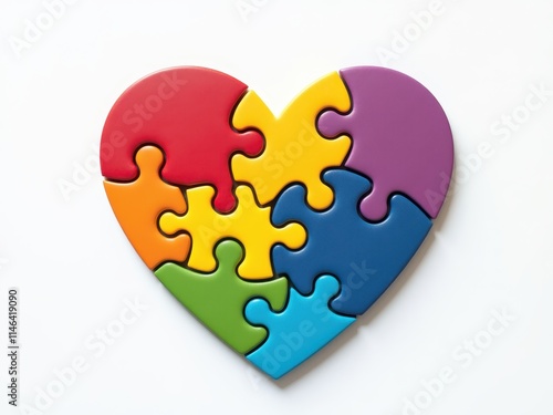 Colorful heart-shaped puzzle pieces arranged on a white background for playful creativity photo