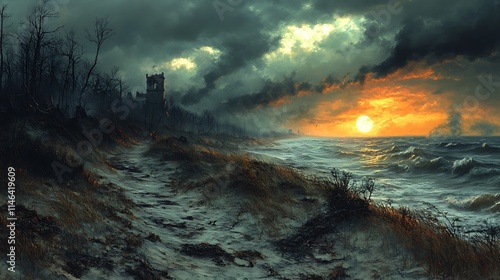 Dramatic Coastal Sunset Ruins Seascape