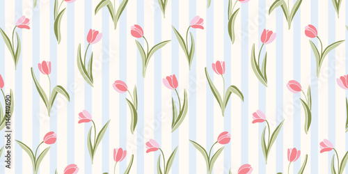 Spring seamles pattern with tulips, background with pink flowers in a stripe