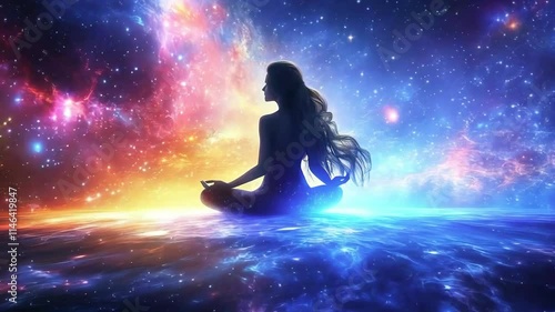 Silhouette of a Meditating Woman in Cosmic Space Surrounded by Stars and Galaxies new beautiful stock video footage animation AI