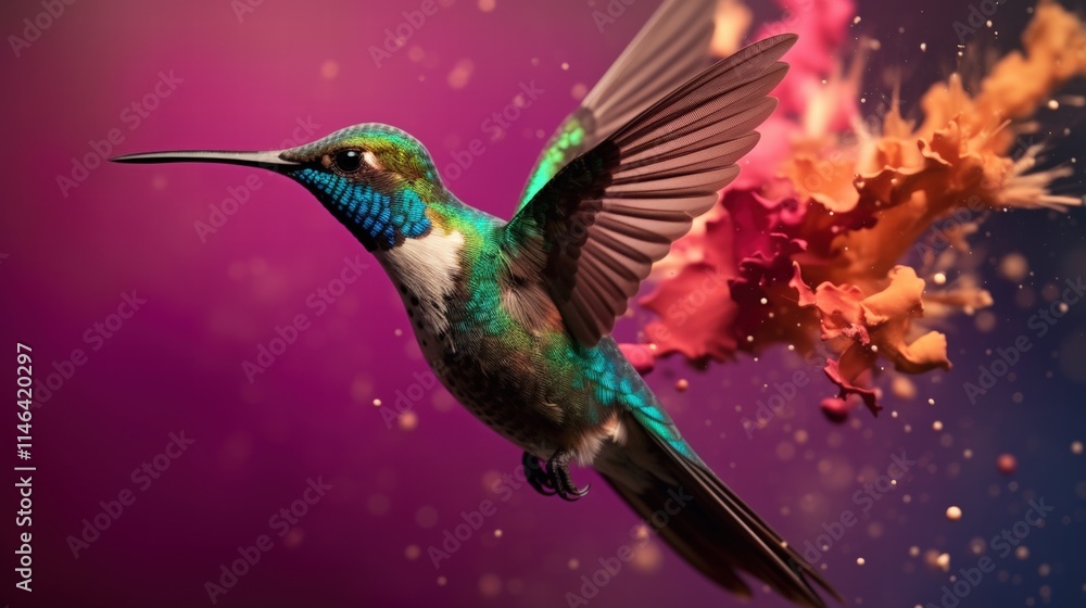 Fototapeta premium Colorful Flying Colibri Bird in Vibrant Background with Splashes of Color Representing Motion and Life in Nature Ecosystem