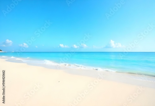 A sandy beach with a clear blue ocean and sky in the background