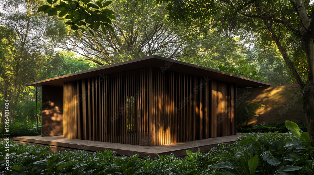 A mocha mousse coloured wooden home in jungle. A mocha mousse coloured wooden home in jungle.