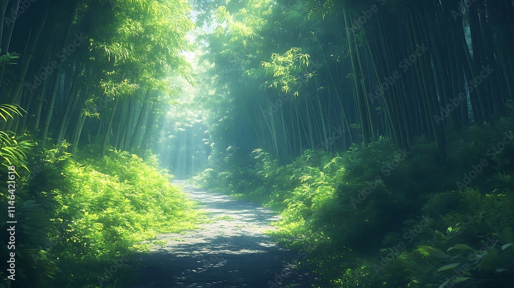 Obraz premium Photo of a path through a bamboo forest surrounded background