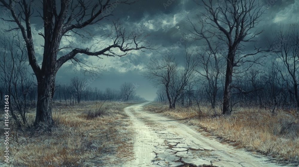 The dirt road weaves through a desolate stretch of land where dying trees stand The dirt road weaves through a desolate stretch of land where dying trees stand
