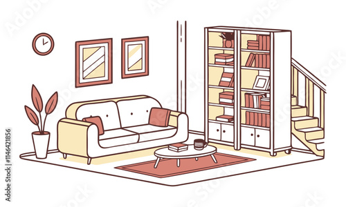 Download Bright Living Room Interior With Large Sofa, Bookshelves, Coffee Table, Vector Illustration . This Design Concept Isolated Premium Vector. 