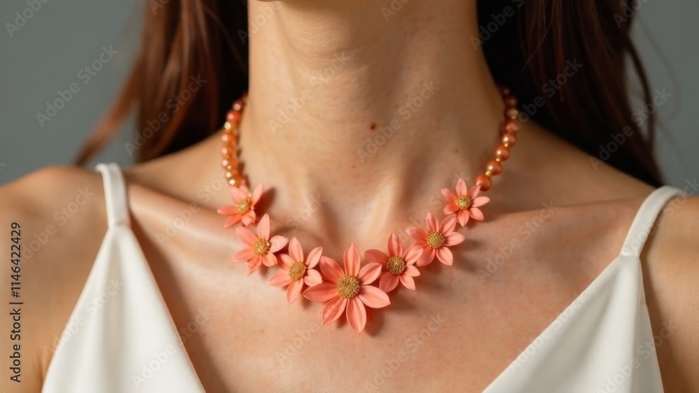 Close up of a flower necklace on a woman's neck Close up of a flower necklace on a woman's neck