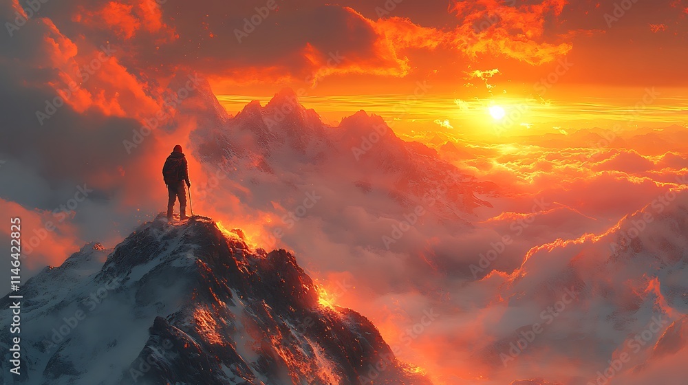 A lone hiker admires a fiery sunset over snow capped mountains A lone hiker admires a fiery sunset over snow capped mountains