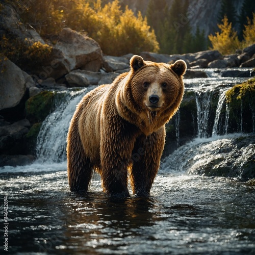 A bear with golden fur standing under a waterfall that glimmers like liquid light. photo