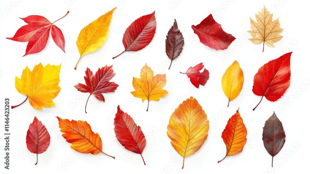 Obraz premium 55.A trendy illustration of various fallen autumn leaves arranged as a flat-lay composition. The leaves are in vibrant autumnal colors, including warm reds, oranges, and yellows, with simple