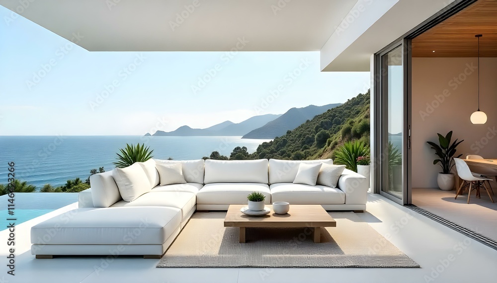 A modern outdoor lounge area with a large white sectional sofa, a wooden coffee table, and a stunning view of the ocean and mountains in the background A modern outdoor lounge area with a large white sectional sofa, a wooden coffee table, and a stunning view of the ocean and mountains in the background