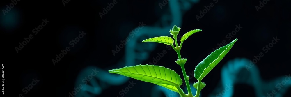 Obraz premium A close-up of a plant with intertwining strands of DNA, symbolizing the concept of green biotechnology and synthetic biology, innovation, biotech