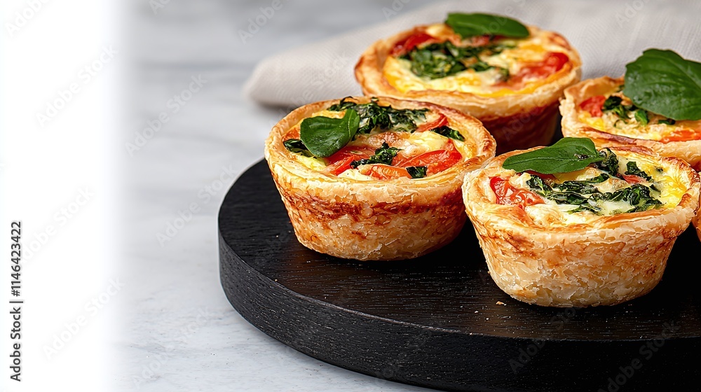 Delicious Spinach and Tomato Mini Quiches on Dark Tray Delicious Spinach and Tomato Mini Quiches on Dark Tray