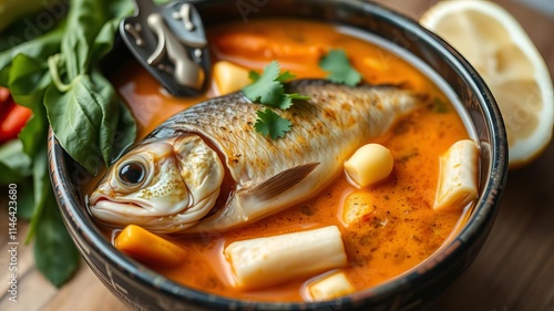 A close-up shot of a bowl of Gaeng Tai Pla, a traditional Southern Thai spicy curry with fermented fish organs, vegetables, and fish, served with fresh vegetables, fish, spicy curry photo