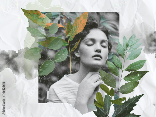 The collage mixes natural soft color elements like leaves, water, and soft fabrics, with black-and-white portraits of woman in relaxed poses.