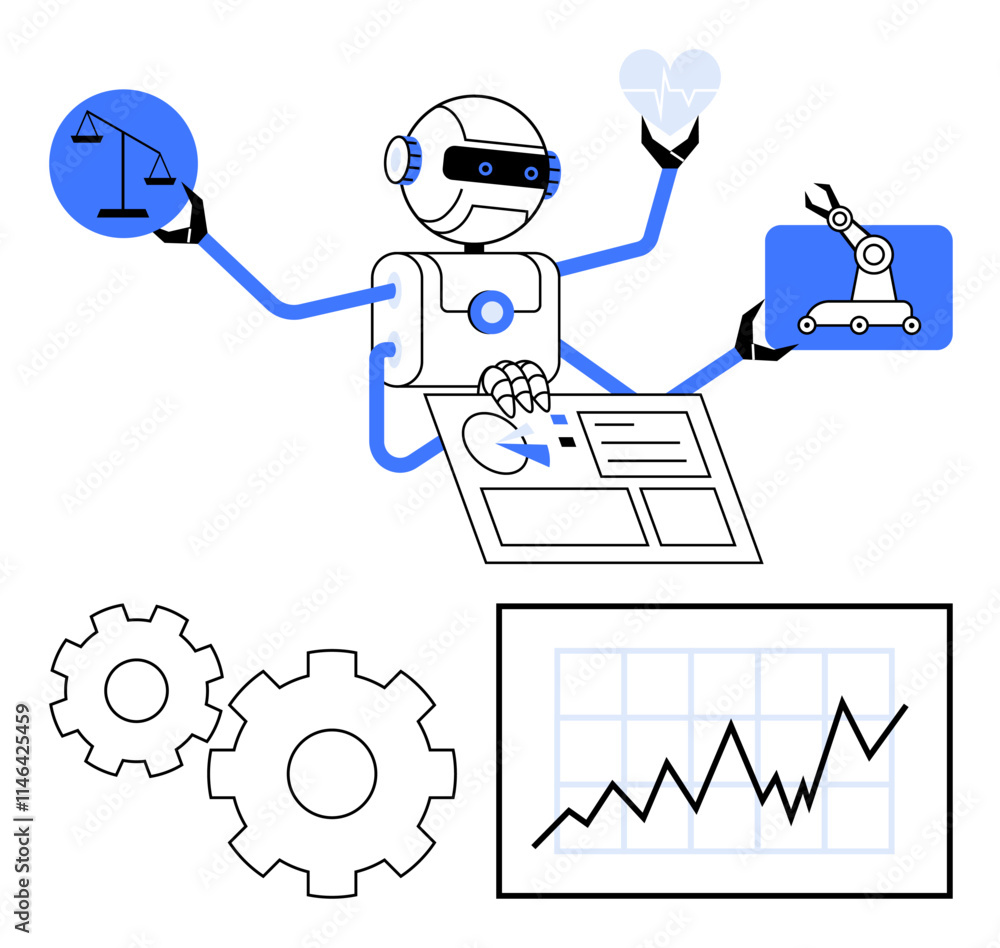 Robot with four arms examining data chart, holding law, heart, and robotic hand symbols. Gears and growth graph included. Ideal for AI, technology, healthcare, law data analysis automation Robot with four arms examining data chart, holding law, heart, and robotic hand symbols. Gears and growth graph included. Ideal for AI, technology, healthcare, law data analysis automation
