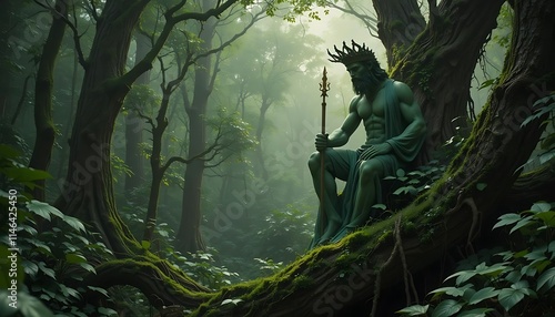 Forest God: Serene Stone Statue in Misty Green Woods photo