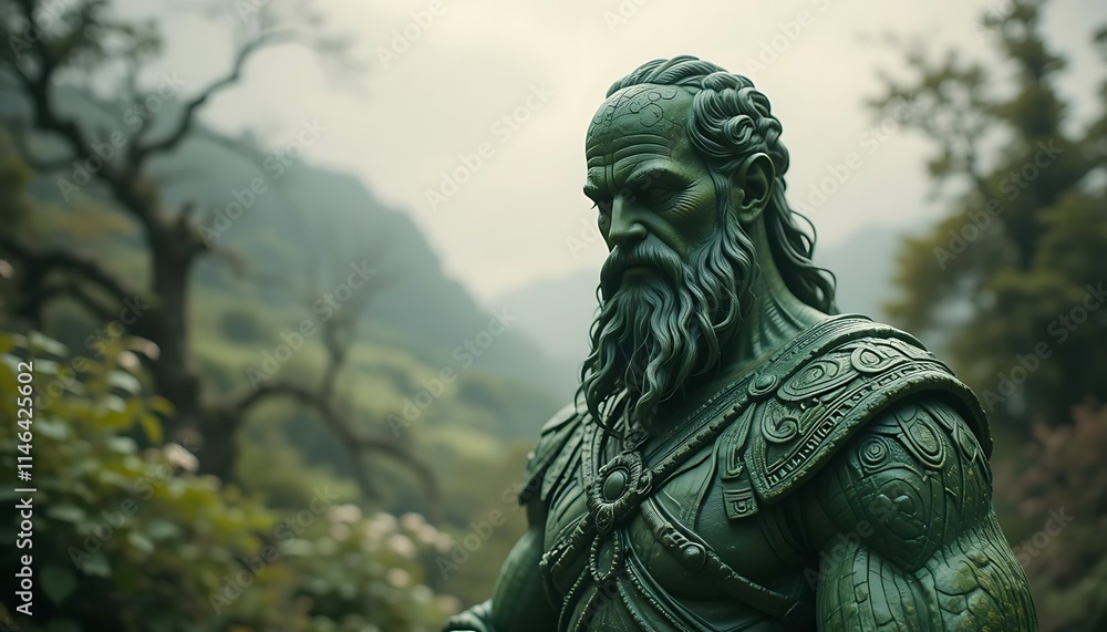 Green Stone Warrior Bust: Serene Landscape Setting Green Stone Warrior Bust: Serene Landscape Setting