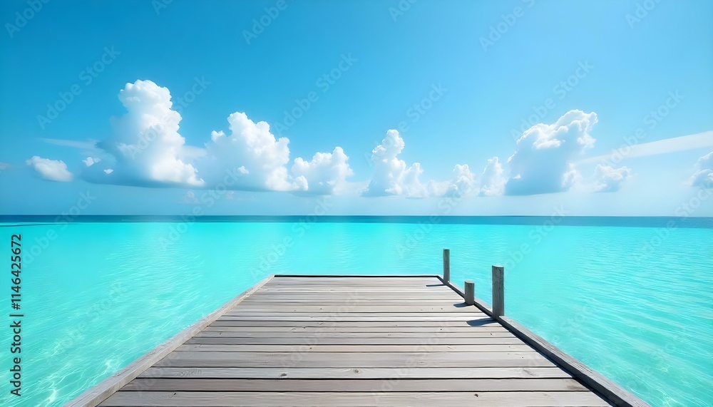 Wooden dock overlooking a calm turquoise ocean with a blue sky and fluffy white clouds Wooden dock overlooking a calm turquoise ocean with a blue sky and fluffy white clouds