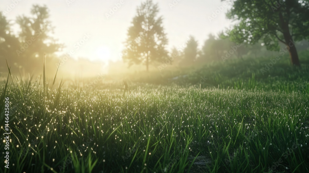 The grass in the meadow is covered in morning dew, each blade shimmering as the sun begins to rise.