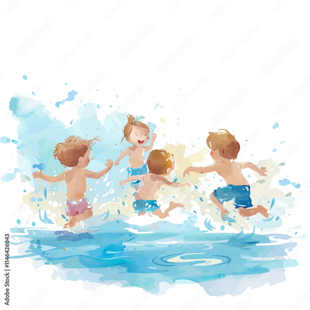 A watercolor drawing of a group of children splashing in a pool, isolated on a white background. Children pool splashing vector.
A watercolor drawing of a group of children splashing in a pool, isolated on a white background. Children pool splashing vector.
