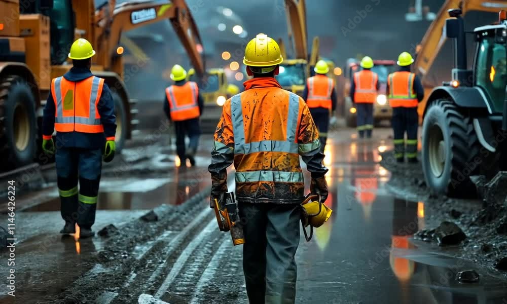 A construction worker walks through a muddy site, surrounded by machinery and other workers.