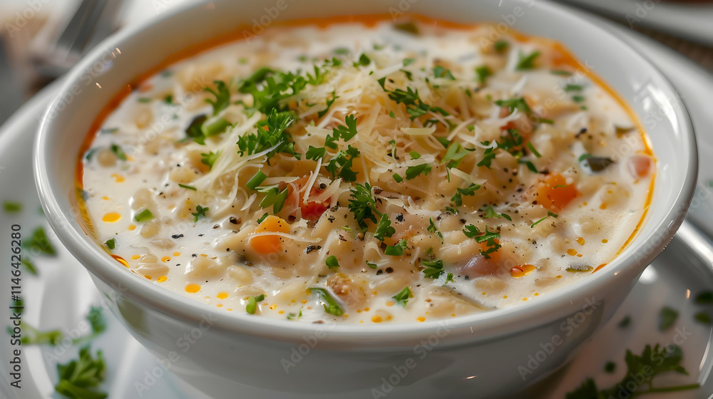 Creamy Vegetable Soup with Pasta and Cheese - A Realistic Food Photo Creamy Vegetable Soup with Pasta and Cheese - A Realistic Food Photo