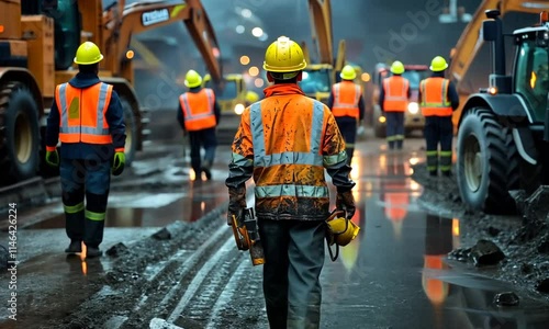 A construction worker walks through a muddy site, surrounded by machinery and other workers.