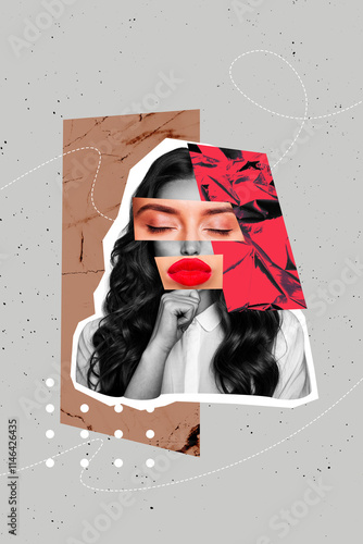 Creative design composite trend artwork collage of silhouette fragment face young woman piece red color lips eyes close think portrait photo