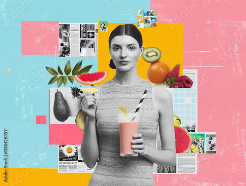 Abstract photo collage with a woman holding a smoothie, with pieces of fruit and energy-like swirls around her