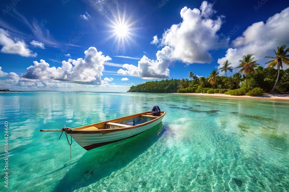 Naklejka premium Aitutaki Lagoon Fishing Boat: Stunning Cook Islands Seascape Photography