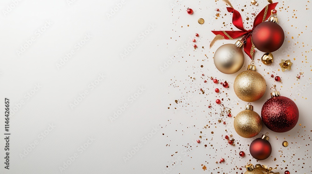 Fototapeta premium Clusters of decorative gold and red ornaments tied with festive bows, arranged for holiday celebrations imagine watercolor illustration