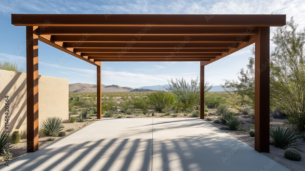 A sleek wooden pergola with mocha mousse theme. A sleek wooden pergola with mocha mousse theme.