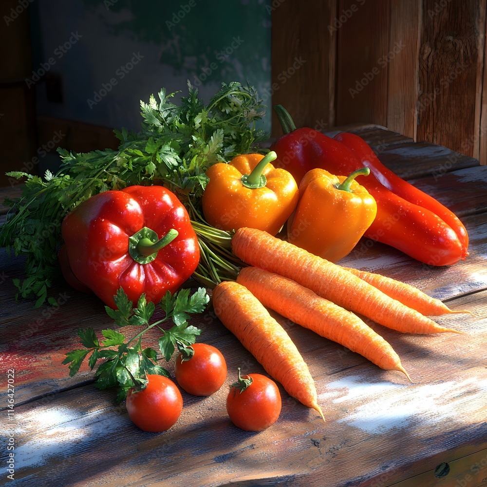Fresh red and yellow bell peppers, carrots, and tomatoes on rustic wooden table. Fresh red and yellow bell peppers, carrots, and tomatoes on rustic wooden table.