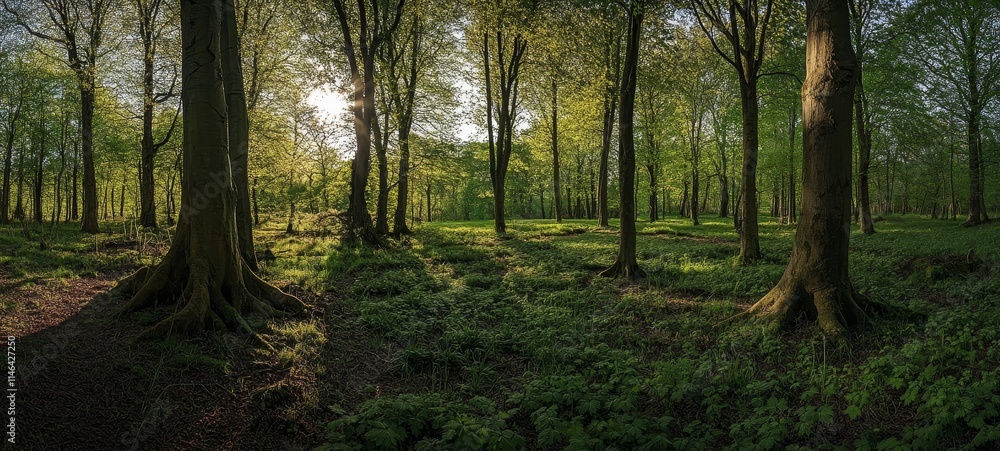 Naklejka premium Sunlit forest with lush green undergrowth and tall trees.