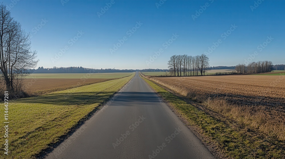 The long, straight road cuts through the countryside, stretching endlessly ahead. The clear sky The long, straight road cuts through the countryside, stretching endlessly ahead. The clear sky