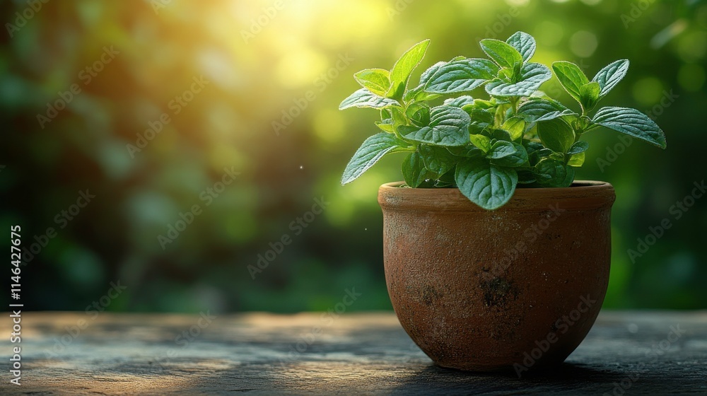 A vibrant green plant in a rustic pot, illuminated by soft sunlight.