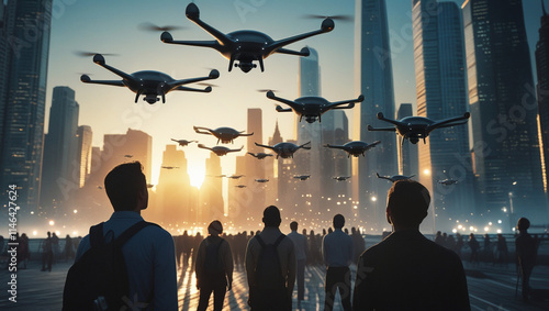 drone, show, night, full, moon, above, city, illustration, ai, artificial, intelligence