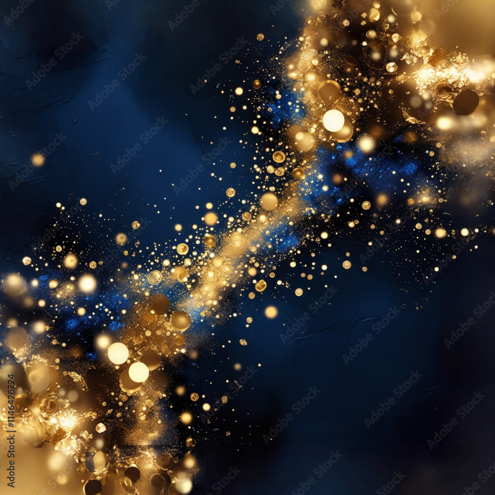 Obraz premium Abstract dark blue and gold particle background with Christmas golden light bokeh, shining particles on navy blue